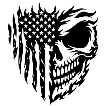 Patriotic USA Flag Skull Vector Illustration - American Flag Silhouette with Distressed Skeleton Head - Edgy Military Graphic for Veterans and Freedom Apparel