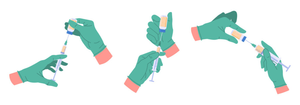 Doctor or nurse hands holding syringes. Hand palms wearing rubber gloves with vaccinating syringes and vaccine flat vector illustration set. Cartoon hands hold syringe with vaccine