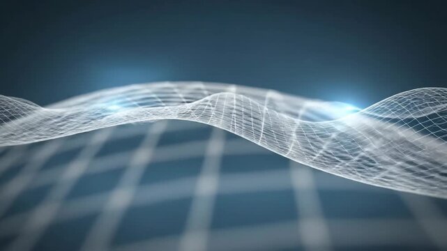 Abstract wireframe landscape background with a grid pattern, suitable for technology or science concepts.