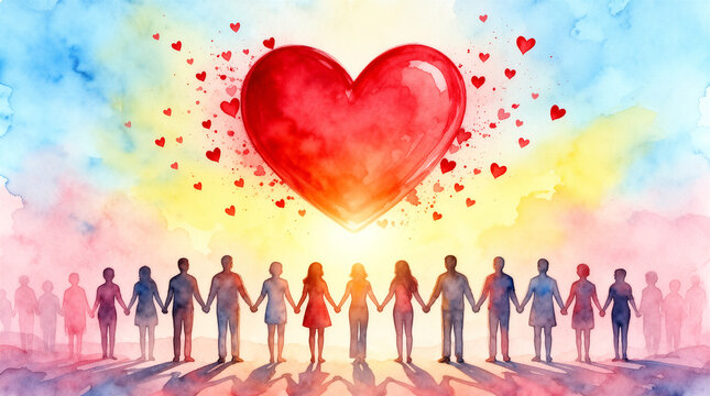 Silhouette of diverse people holding hands in a circle under a large heart and colorful watercolor background.
