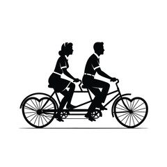 Fototapeta premium Romantic silhouette of a couple riding a tandem bicycle with heart-shaped wheels, symbolizing togetherness, partnership, and a shared journey through life together