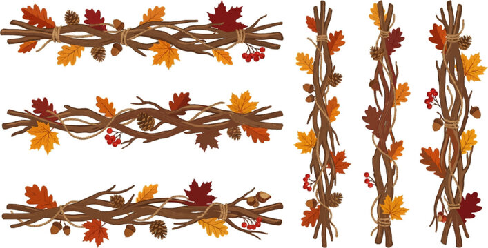 Autumn fall tree branches leaves set watercolor horizontal borders design elements red orange maple foliage seasonal nature decoration