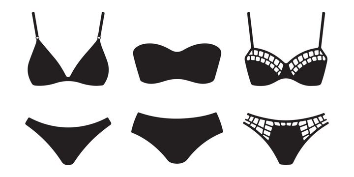 Set of black female swimwear lingerie icons isolated on white background depicting various bra and panty styles