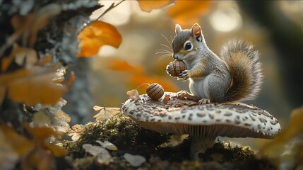 Obraz premium A tiny squirrel holding an acorn while perched on a delicate mushroom 