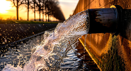 Clean Water Rushing from Industrial Discharge Pipe at Sunset
