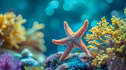 A tiny starfish resting on a vibrant coral reef in crystal-clear waters 