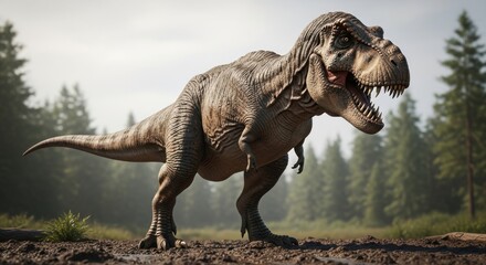 Fototapeta premium Majestic Tyrannosaurus Rex dinosaur standing on muddy prehistoric terrain with a forest background in daylight