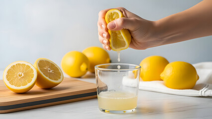 Naklejka premium Squeezing fresh lemon juice by hand into clear glass | Making homemade lemonade base | Healthy cooking ingredient preparation | Extracting vitamin C from citrus fruit 