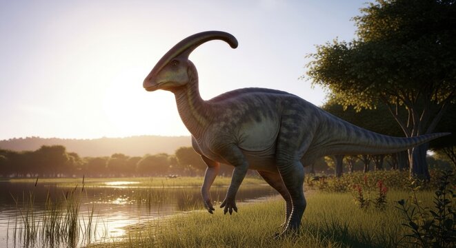 Majestic Parasaurolophus Dinosaur Walking Through a Serene Prehistoric Landscape at Sunset