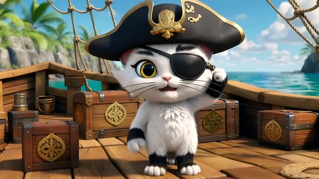 3D render of a cute white cartoon cat pirate with an eyepatch and tricorn hat, standing on a wooden ship deck with treasure chests and tropical island background