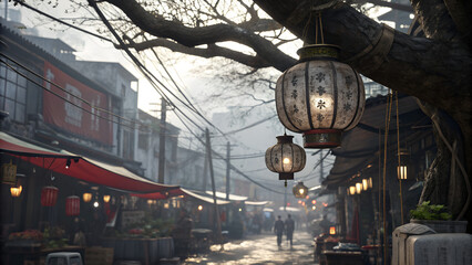 Cracked glass lanterns with visible wax drips, suspended from twisted tree branches, gritty urban Asian street market, tangled electrical wires overhead, high contrast shadows, cinematic grain, realis