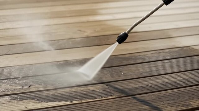 High-pressure cleaner being used to clean a wooden deck, removing dirt and grime.