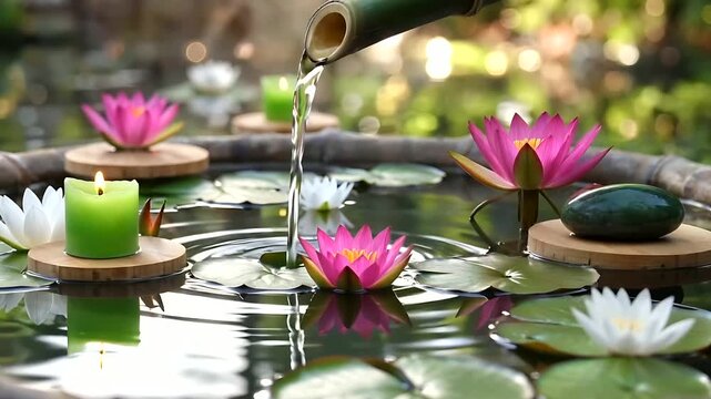 Bamboo water feature pouring into a tranquil pond with pink and white water lilies, floating green candles, and smooth stones, zen garden background