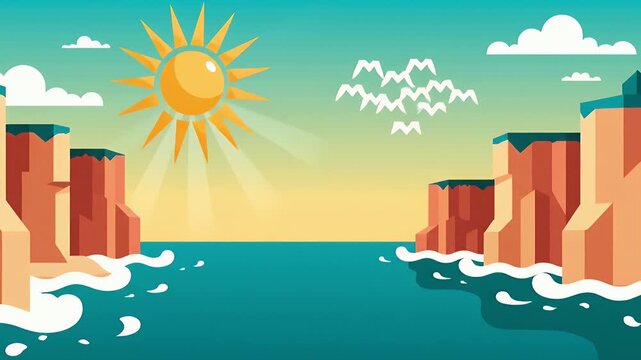 Sunny coastal cliffs and ocean with waves illustration