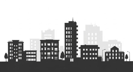 Cityscape silhouette with various buildings and trees.