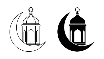 Minimalist Ramadan lantern and crescent moon icons in outline and silhouette styles, ideal for Islamic holiday greetings, Eid al-Fitr celebrations, and religious graphic design projects. © Zyariss