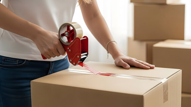 Woman sealing cardboard box with red tape dispenser for moving | Securely packing large brown carton for storage or relocation | Preparing shipping parcel for delivery and logistics 