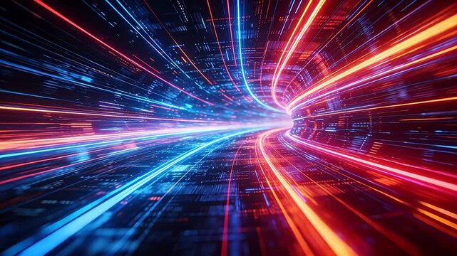 Futuristic virtual tunnel with multi colored light trails