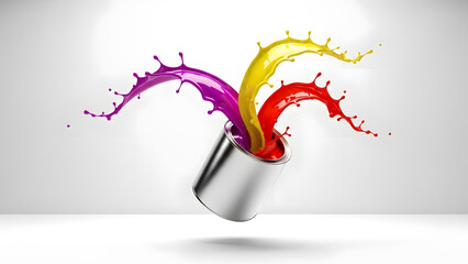 Obraz premium Dynamic CMYK paint splash explosion from metal can | Vibrant red, yellow, and magenta liquid splashing on white background | 3D rendering of creative color burst and fluid motion art 