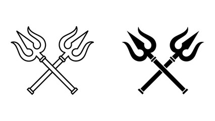 Crossed Trishula Trident Icons Representing Power and Divinity in Outline and Solid Silhouette Styles for Graphic Design and Religious Symbolism Minimalist Black and White Vector Art
