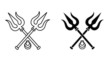 Crossed Trishula Trident Icons Representing Hindu Spiritual Power and Divine Protection, Set of Outline and Silhouette Vector Graphics on White Background for Religious and Cultural Design