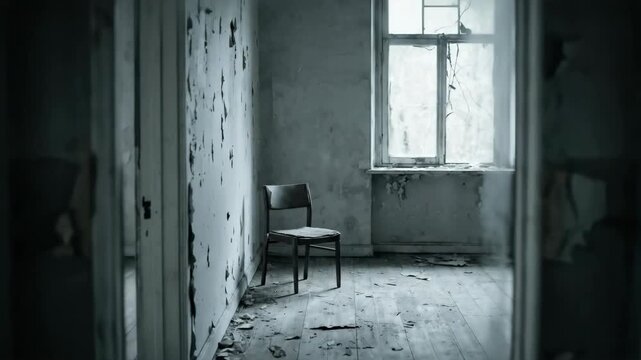 Empty chair in derelict room shown through a mirrored reflection and direct view, emphasizing abandonment and decay in an old building.