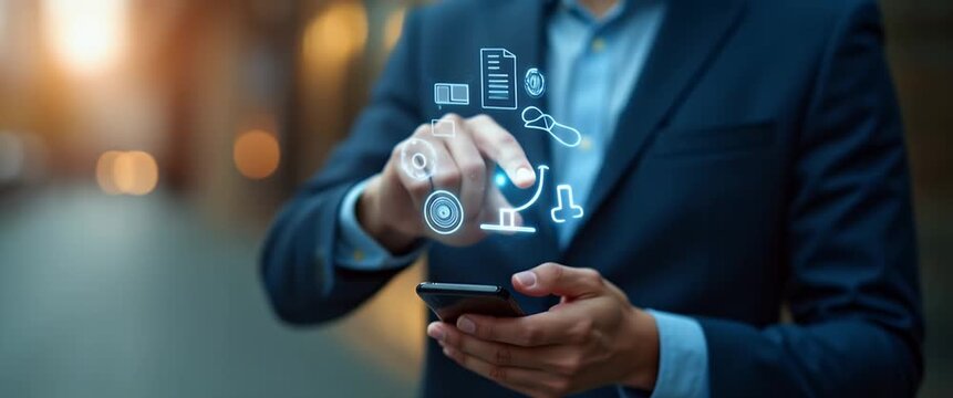 Businessman interacts with smartphone voice command feature in a cinematic, dimly lit office; camera slowly pans as ambient light flickers, highlighting modern technology and innovation.