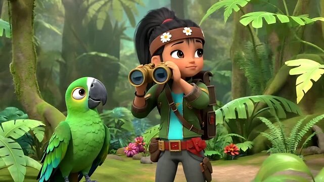 Cartoon explorer girl with binoculars and green parrot in lush jungle forest, animated adventure scene, 3D render illustration