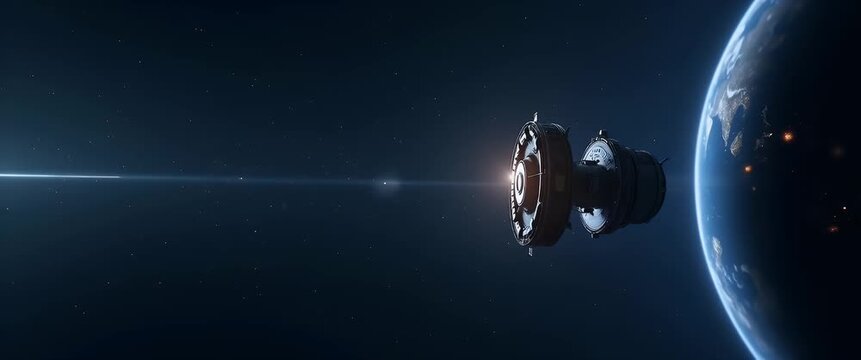 A spacecraft steadily orbits Earth as stars slowly drift in a cinematic space exploration scene, with a gentle camera pan revealing the vast cosmos and implicit copy space for text.