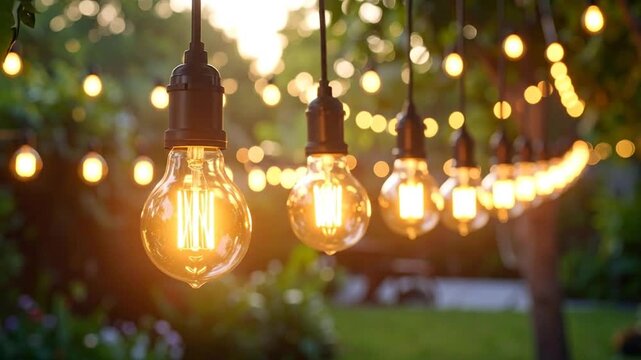 Decorative string lights illuminate a garden, creating a warm and inviting atmosphere for outdoor gatherings.