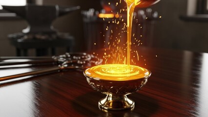 A golden cup with a golden lid, filled with a golden liquid, on a wooden table with a black background.