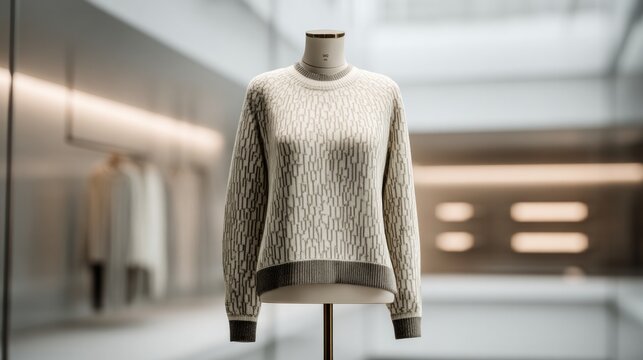 A white sweater with a pattern of tree branches on it is displayed on a mannequi