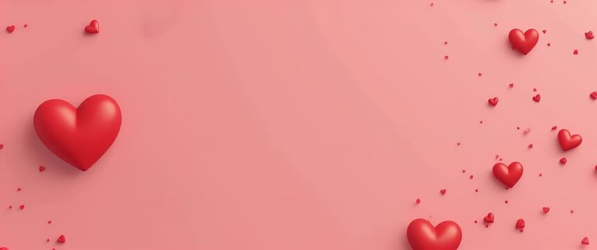 Floating red hearts drift gently against a soft pink background, with a slow panning camera capturing the romantic atmosphere in a serene, minimalist style.