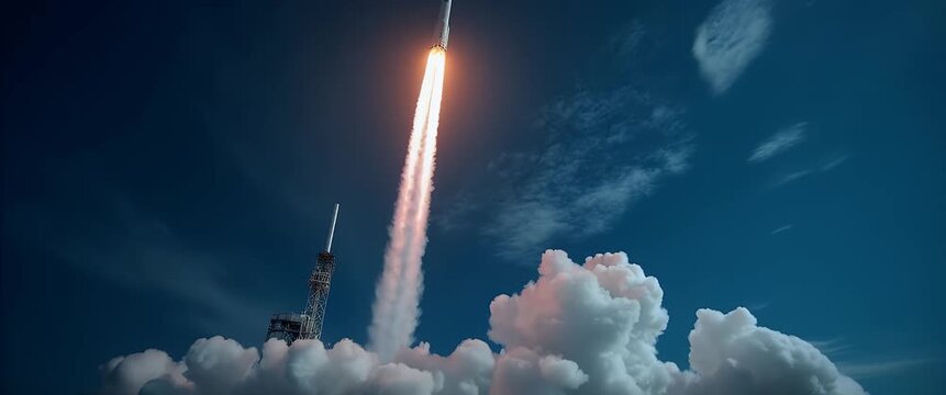 Cinematic rocket launch ascends dramatically against a twilight sky, with slow pan capturing billowing smoke and vibrant flames, evoking space exploration and technological advancement.