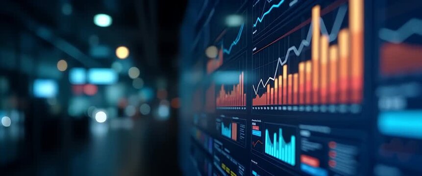 Dynamic financial charts animate on a sleek digital dashboard, while the camera slowly pans, revealing a modern office setting with gentle ambient motion, in a cinematic style.