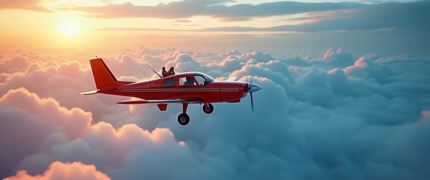 A small airplane glides gracefully above fluffy clouds at sunrise, with a cinematic camera pan capturing the serene sky and gentle cloud movement, creating a peaceful aviation scene.