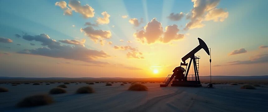 Cinematic sunrise over oil rigs with gentle pumping motion, slow panning camera capturing industrial landscape; energy production, fossil fuels, and machinery in serene harmony.
