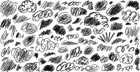 Black ink scribbles and cloud shapes on white background abstract © VecktorWorld
