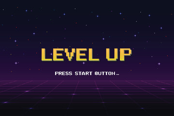 Obraz premium LEVEL UP. pixel art 8-bit. Retro Futurism Sci-Fi Background. glowing neon grid. and stars from vintage arcade computer games