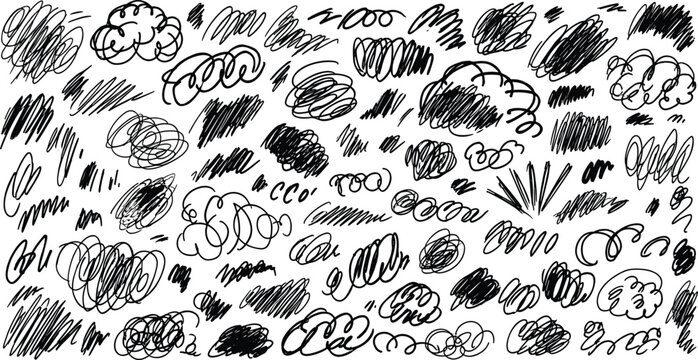 Black ink scribbles and cloud shapes on white background abstract