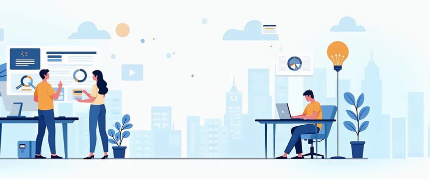 Modern office teamwork scene with professionals exchanging ideas, gentle camera pan across digital workspace, ambient cityscape motion, illustrated in a clean, vector style.