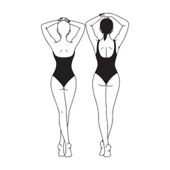 Two women posing in one piece swimsuits with hands on head back view isolated on white background