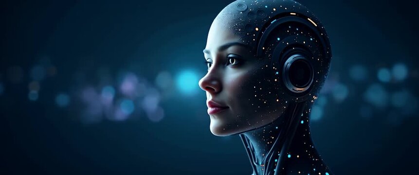 Futuristic cyborg head slowly rotates as the camera gently pans around, with ambient lights flickering in the background, creating a cinematic, high-tech atmosphere.