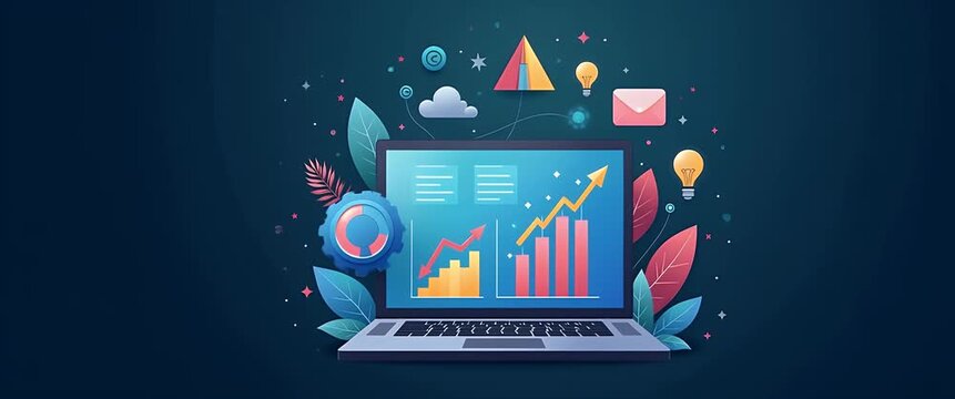 A laptop screen displays dynamic financial graphs and charts as the camera slowly pans, with animated icons gently swaying; in a vibrant, digital illustration style for a business technology theme.