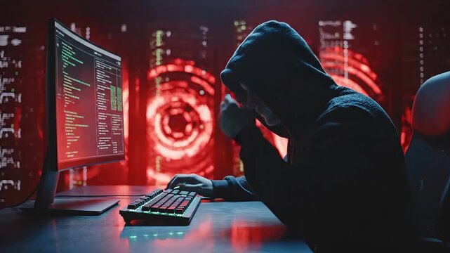 A shadowy figure in a hooded sweatshirt types on a keyboard in a dark room illuminated by a computer screen and red neon lights.