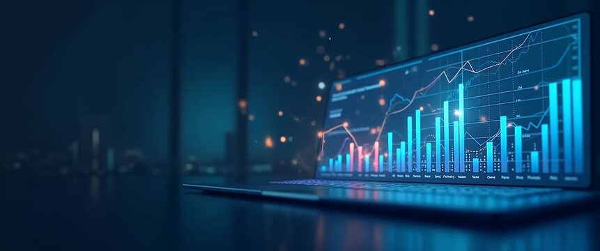 Cinematic close-up of a laptop displaying dynamic financial graphs; camera smoothly pans while data points pulse and ambient lights flicker, creating a futuristic business analytics atmosphere.
