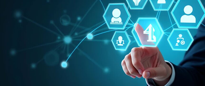 Business professional interacts with digital network interface, as camera slowly tracks with subtle ambient light flicker, showcasing futuristic technology in a cinematic style.