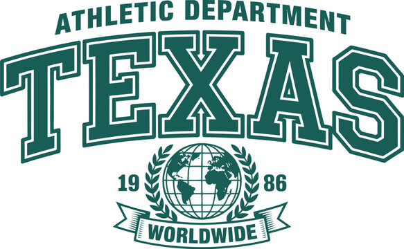 Texas Athletic Department Varsity Design with Green Collegiate Typography and Worldwide Globe Emblem for Sports Apparel and Team Branding