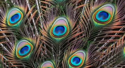 Obraz premium Peacock Prism: Iridescent Plumage Iris of the Peacock: Rainbow Feathers Jewel-Tinted Plume Portrait Iris Eye Feathers in Glimmer Spectrum Crown of the Peacock Iridescent Bird Wardrobe: Peacock Feather