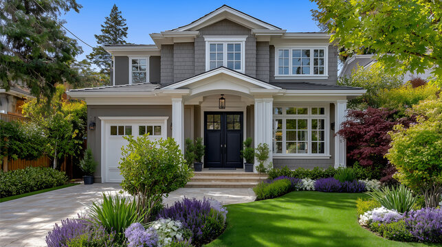Modern house with gray vinyl siding, white double-hung windows, and landscaped front yard, sunlight highlighting textures of siding and window trim, greenery in foreground, wide-an